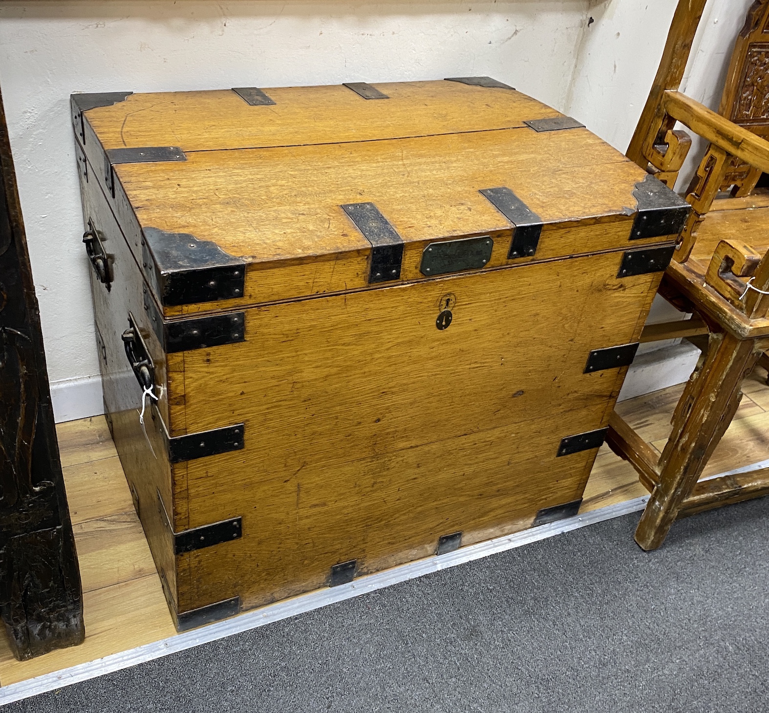 A Victorian iron bound oak silver chest, the plaque engraved F. Gillham, width 80cm, depth 59cm, height 70cm